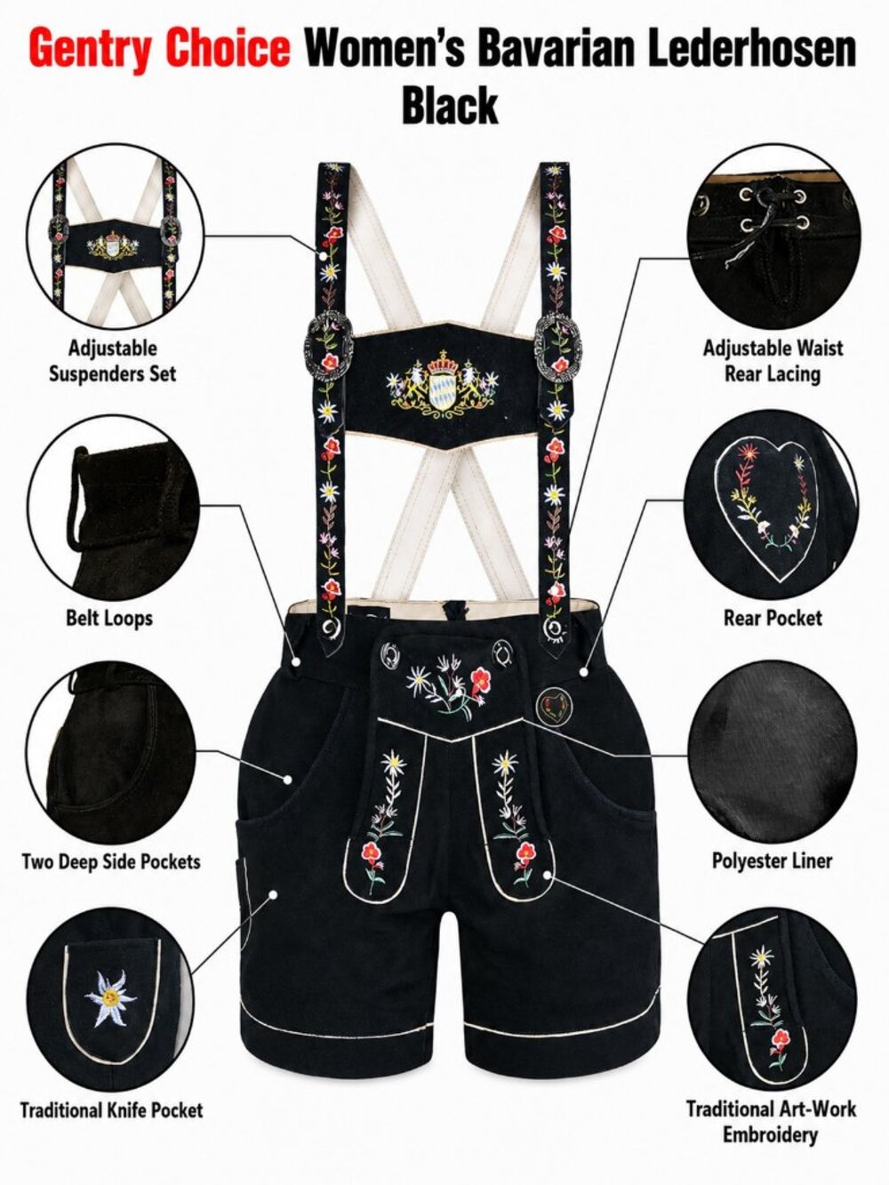 Suede Lederhosen Bavarian Leather Shorts with Embroidered Adjustable Suspenders - Picture 4 of 12